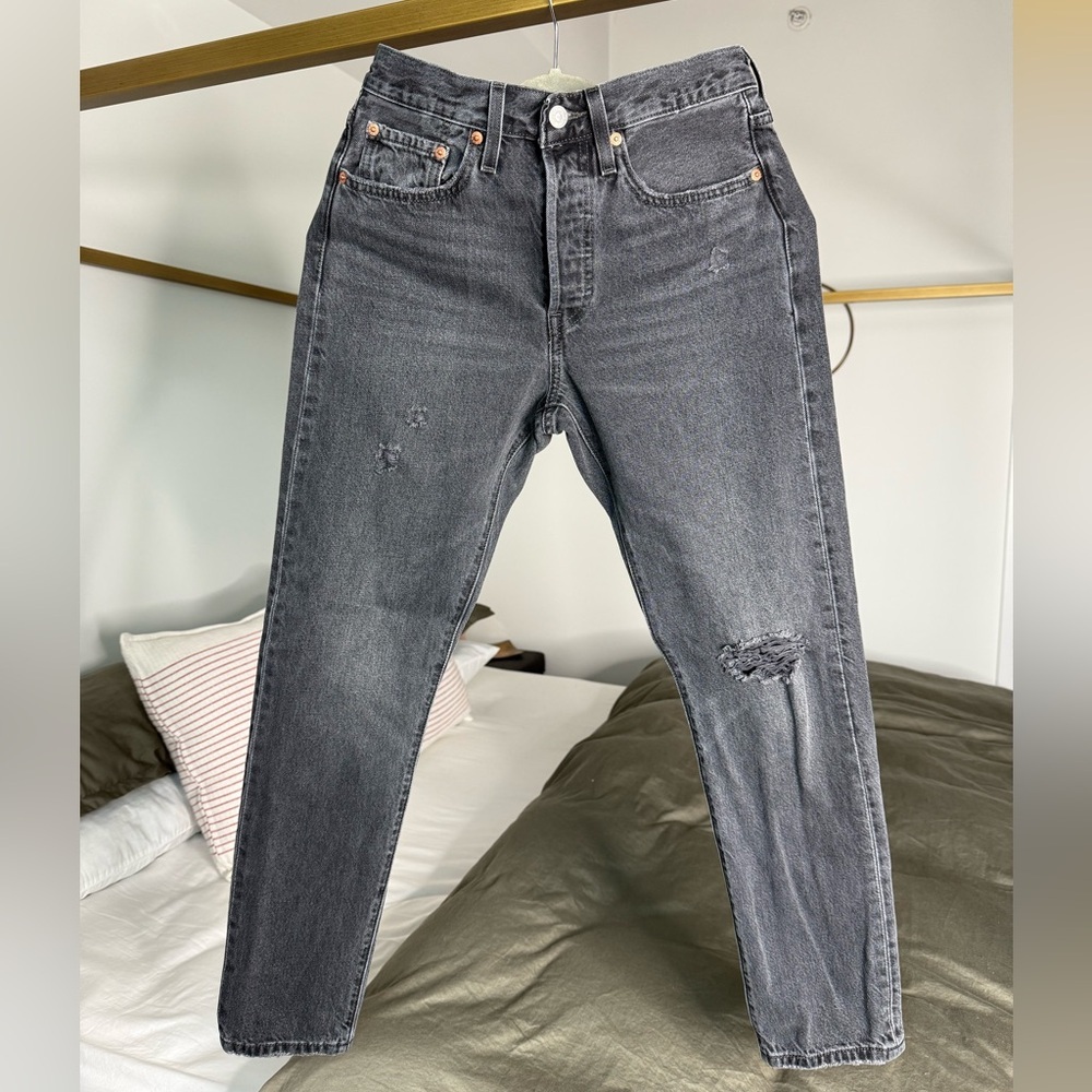 Levi’s Premium 501 Jeans 26x28 Gray Denim Button Distressed 100% Cotton Big E